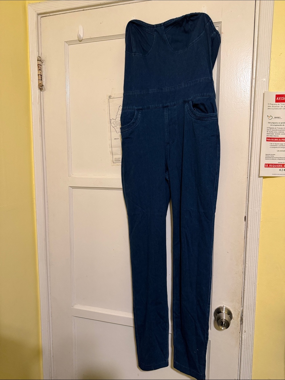 Strapless Denim Jumpsuit in Dark Blue